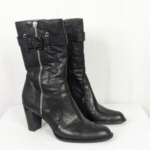 Stuart Weitzman Black Leather Heeled Midcalf Moto Boots